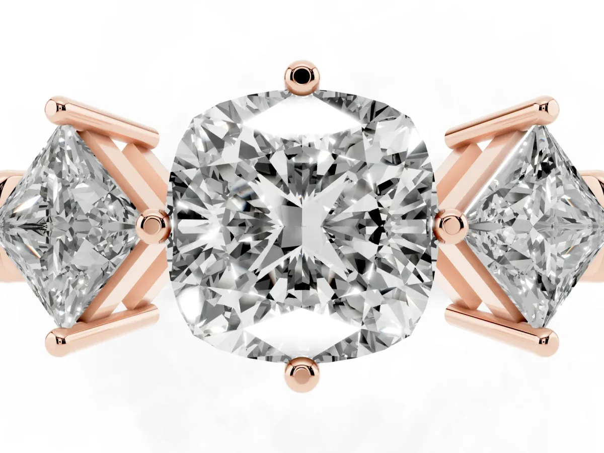 Three-Stone Cushion Cut and Princess Cut Diamond Ring with Channel Band and Four-Prong Setting Rose gold