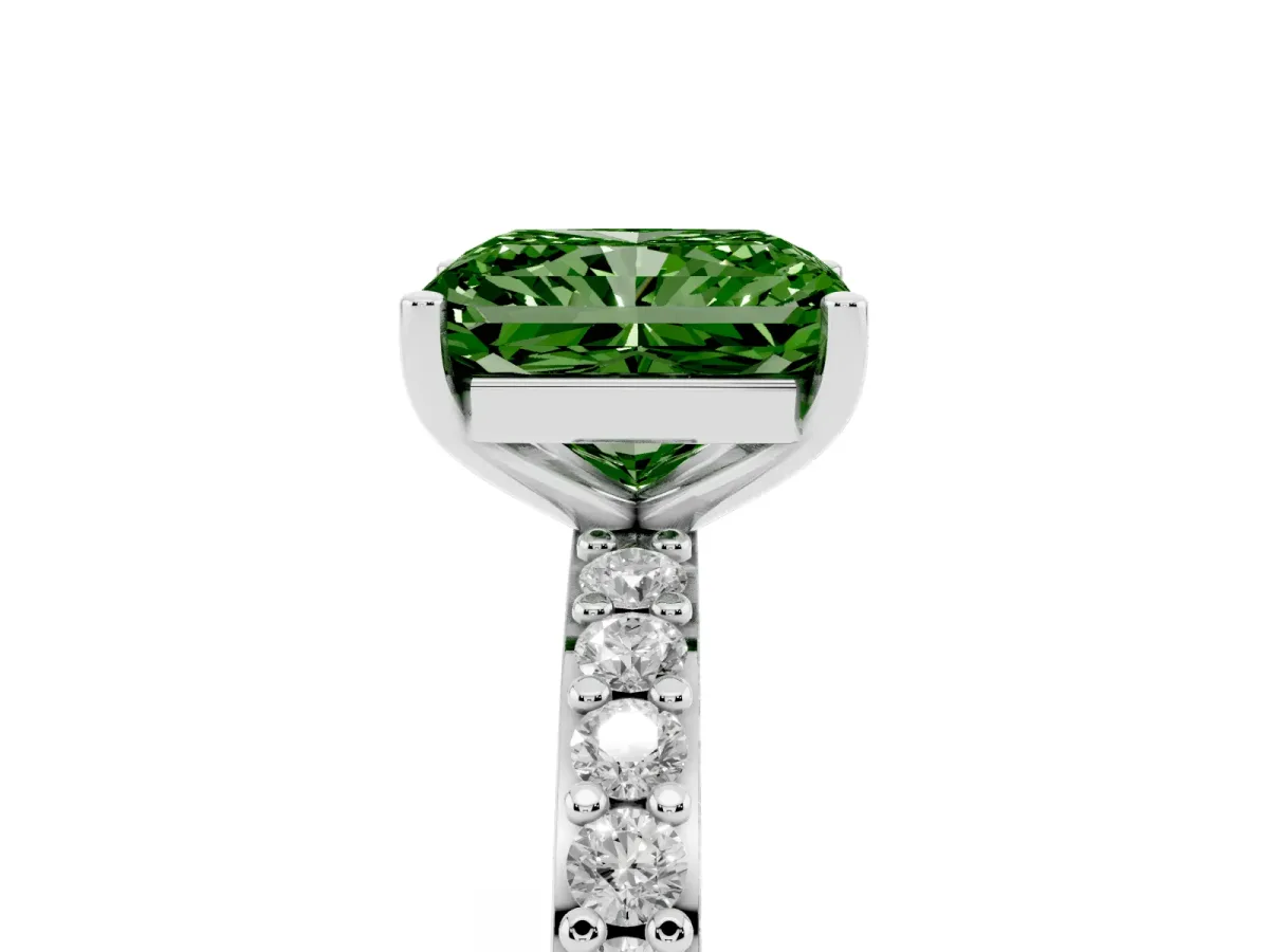 Fancy Green Radiant Cut Cut Diamond Solitaire with Pave Band and Four-Prong Setting Silver