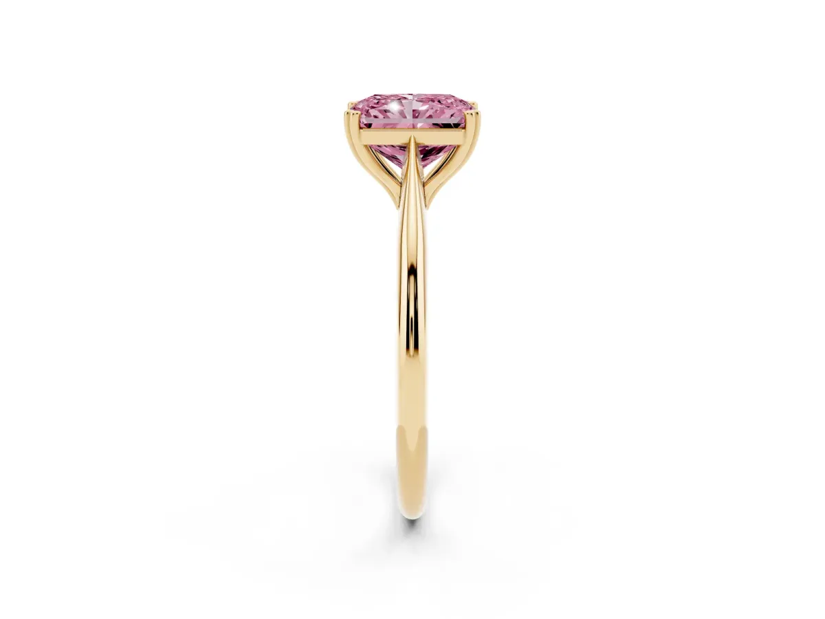 Fancy Pink Radiant Cut Solitaire Diamond Ring with Six-Prong Setting and Classic Band Yellow gold