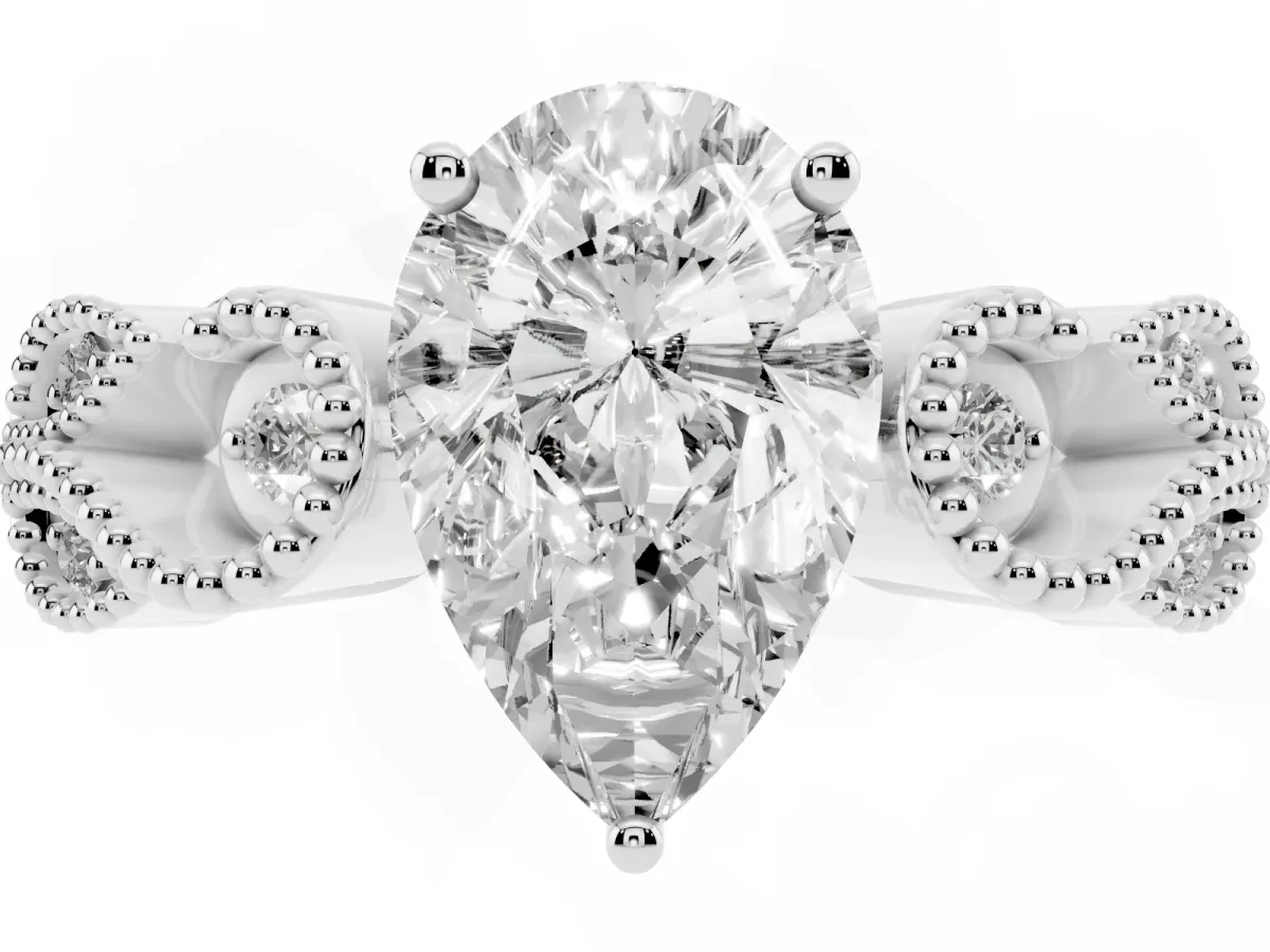 Pear Cut Solitaire Milgrain Leaf Band with Prong Setting Silver