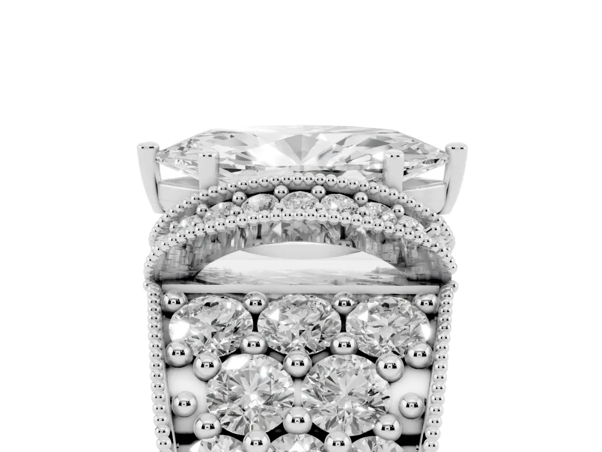 Marquise Cut Halo Pave Diamond Engagement Ring with Milgrain Detailing White gold