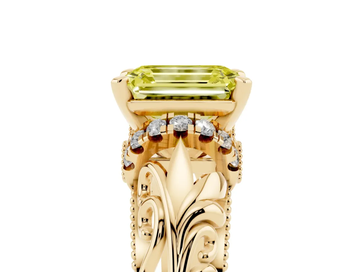 Fancy Yellow Emerald Cut Solitaire Filigree Engagement Ring with Halo and Prong Setting Yellow gold