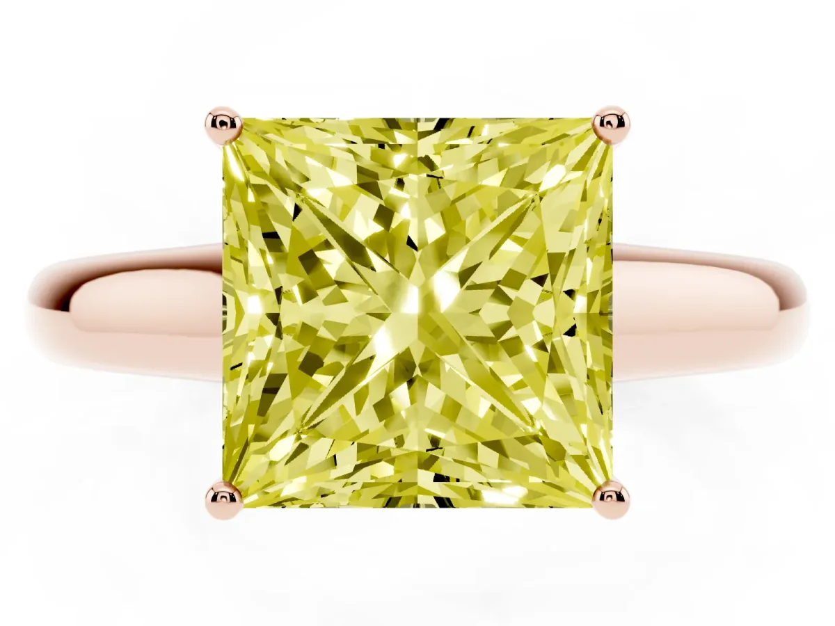 Fancy Yellow Princess Cut Solitaire Engagement Ring with Tapered Band and Four-Prong Setting Rose gold