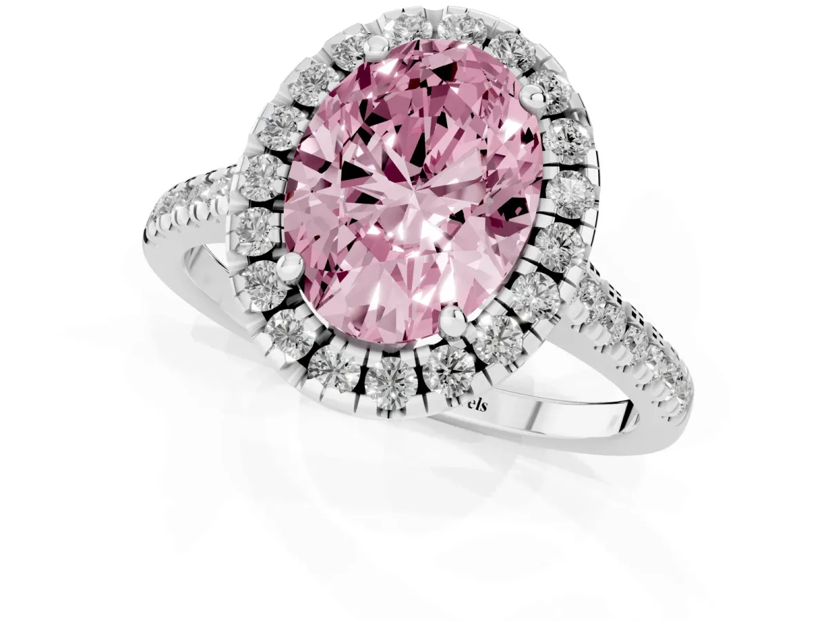 Fancy Pink Oval Cut Diamond Cushion Halo Ring with Pavé Band Platinum