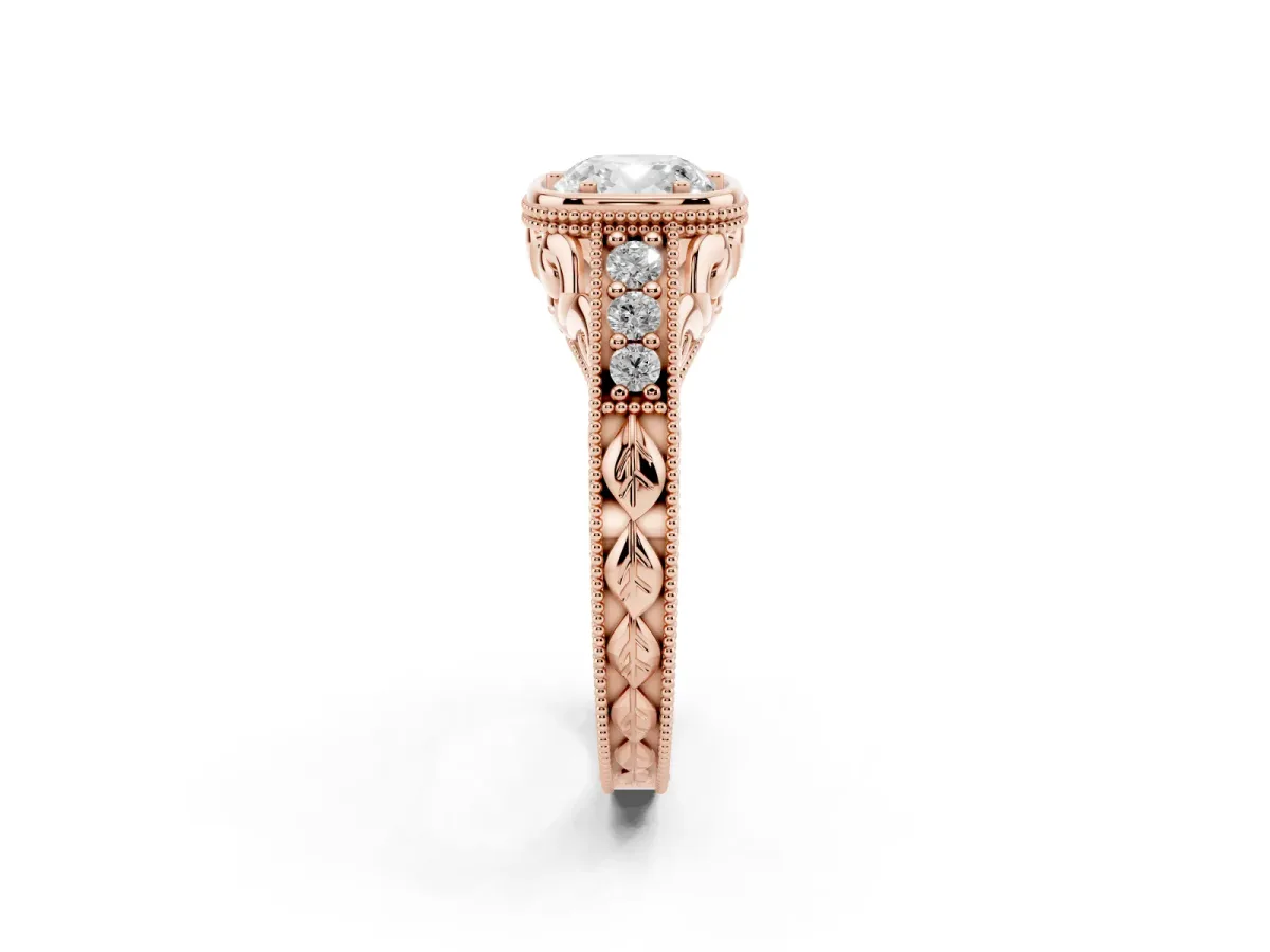 Bezel Set Cushion Cut Diamond Milgrain Pave Engagement Ring Rose gold
