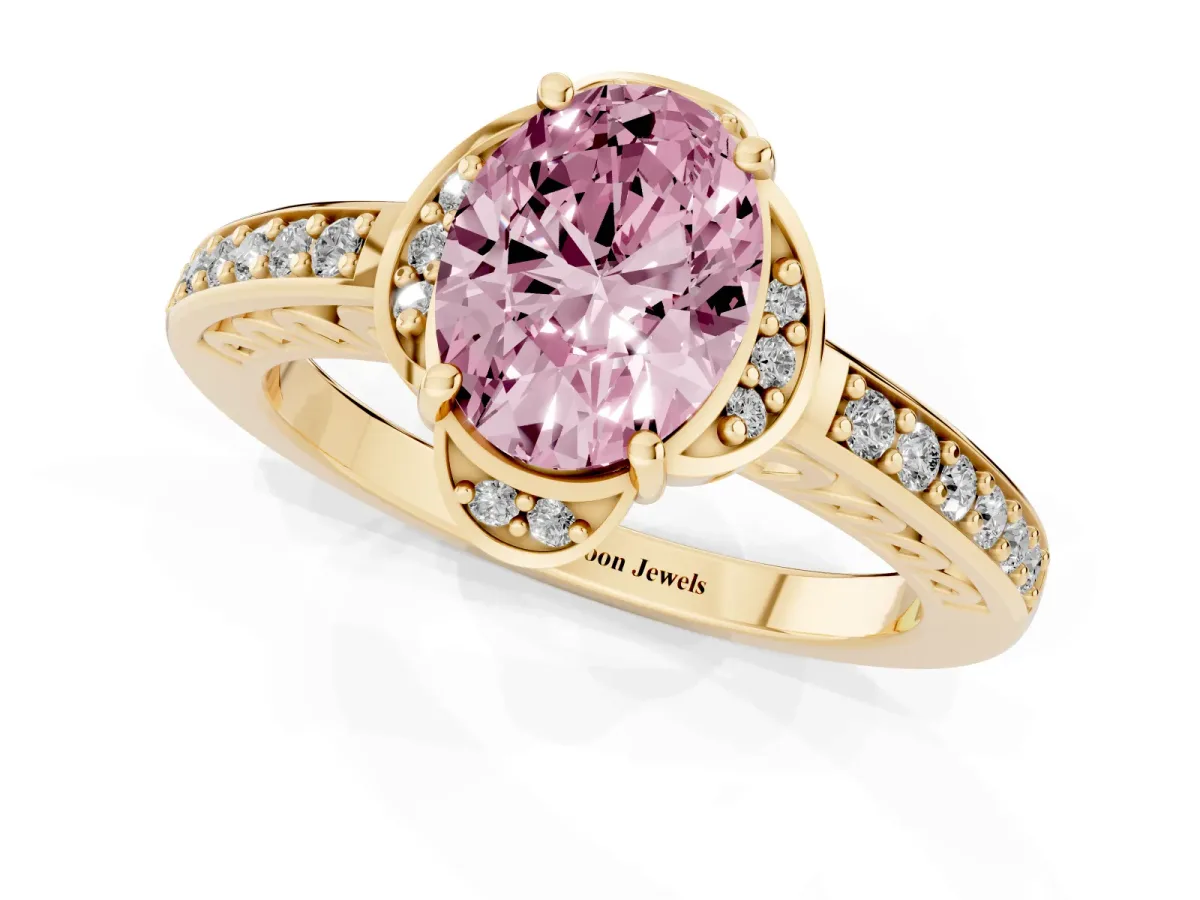 Fancy Pink Oval Cut Cut Halo Diamond Ring with Channel Set Band and Four-Prong Setting Yellow gold