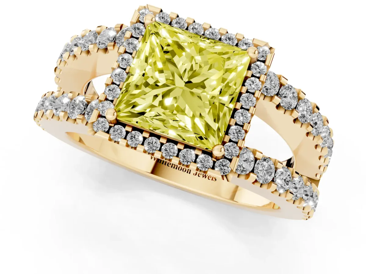 Fancy Yellow Princess Cut Cut Halo Split Shank Diamond Ring with Four-Prong Setting Yellow gold