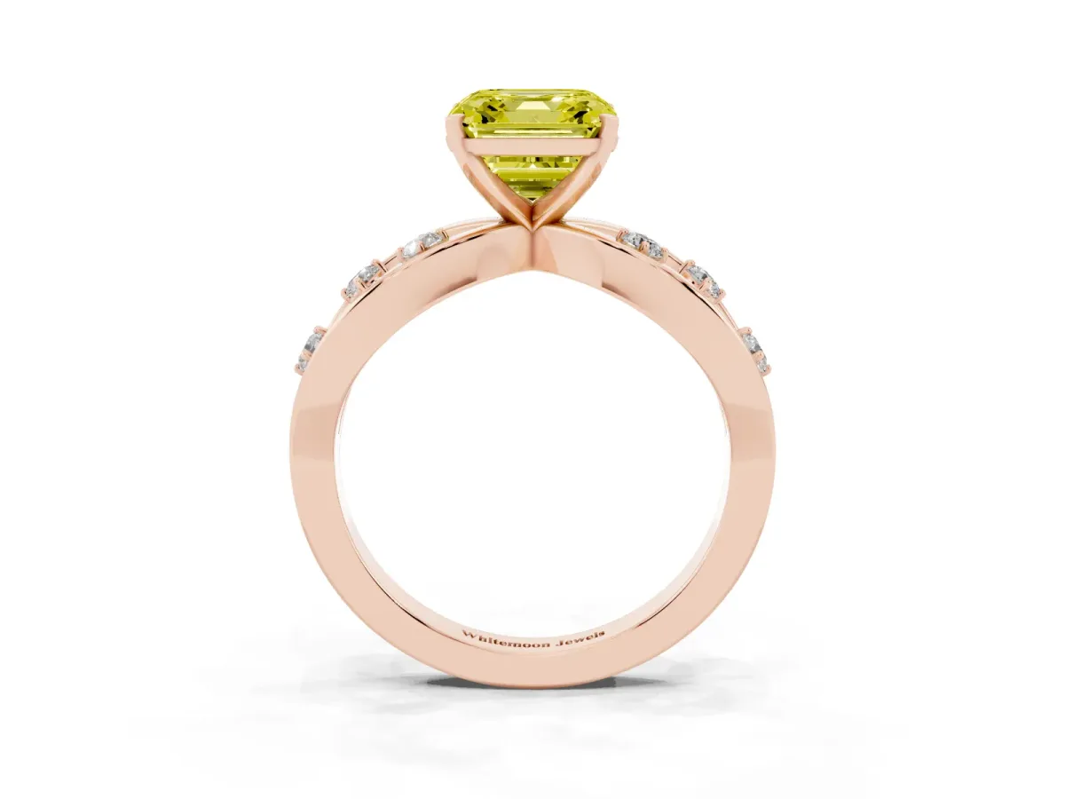 Fancy Yellow Asscher Cut Cut Solitaire Diamond with Side Stones on Criss-Cross Band and Four-Prong Setting Rose gold