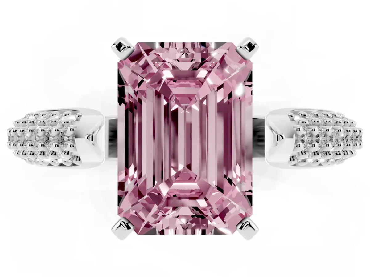 Fancy Pink Emerald Cut Diamond Solitaire Engagement Ring with Multi-Row Round Pavé Band and Prong Setting Silver