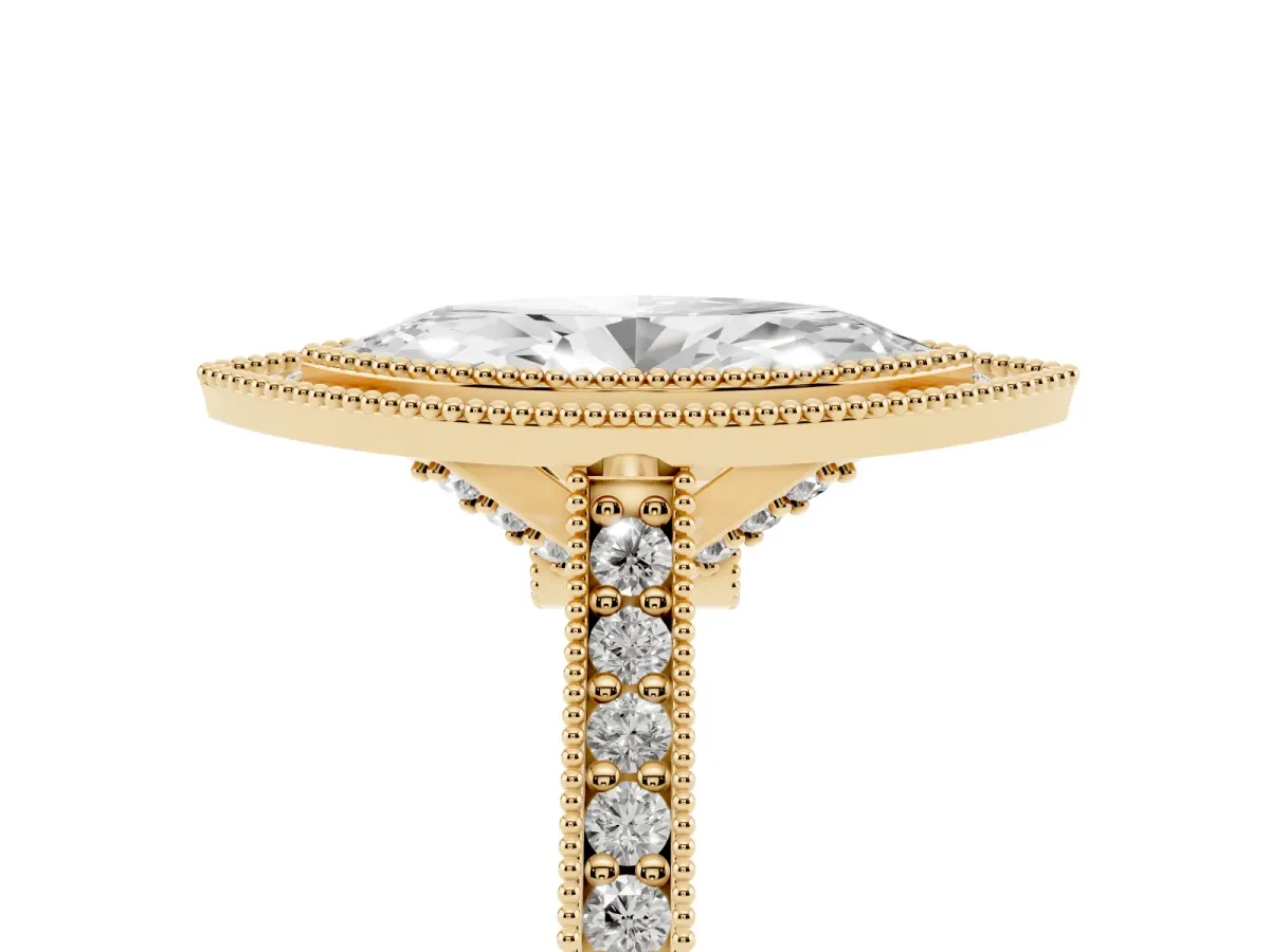 Halo Marquise Cut-Cut Diamond Pave Band Milgrain Prong Setting Ring Yellow gold