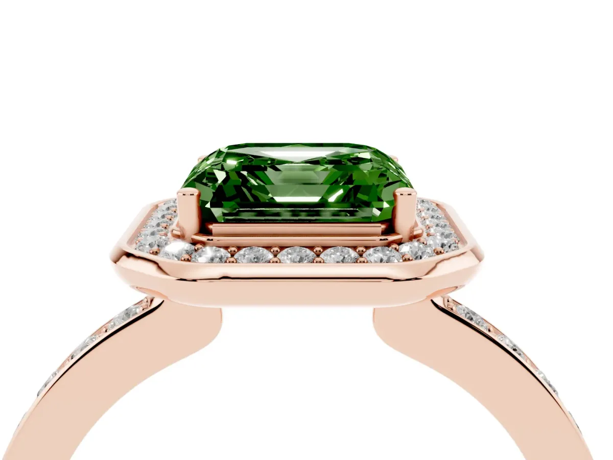 Fancy Green Asscher Cut Diamond Halo Ring with Bezel Frame and Pavé Band Rose gold