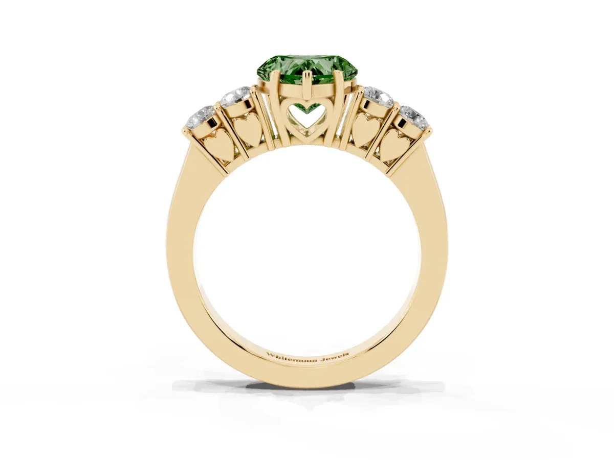 Fancy Green Heart Cut Cut Diamond Five-Stone Prong Set White Gold Ring Yellow gold