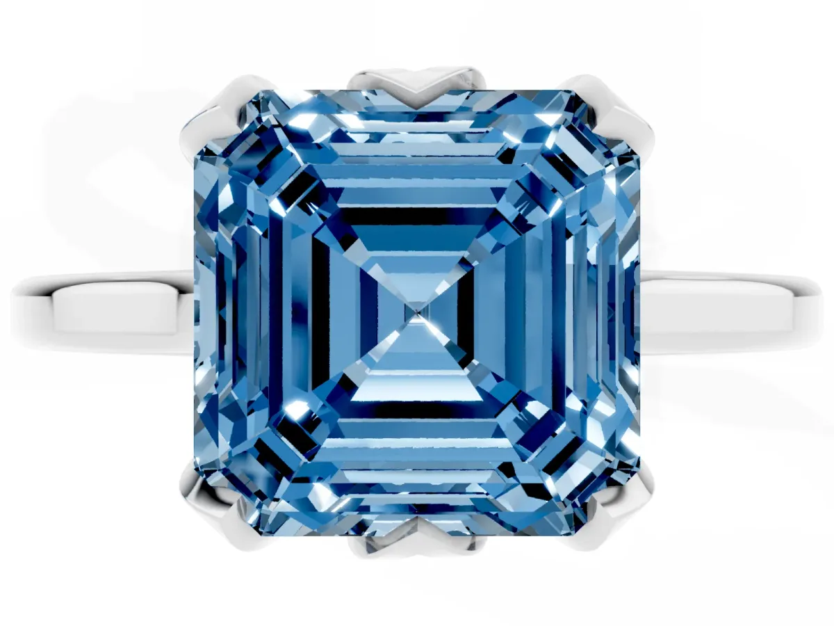 Fancy Blue Asscher Cut Diamond Solitaire Ring with Flower Prong Setting and Classic Band Silver