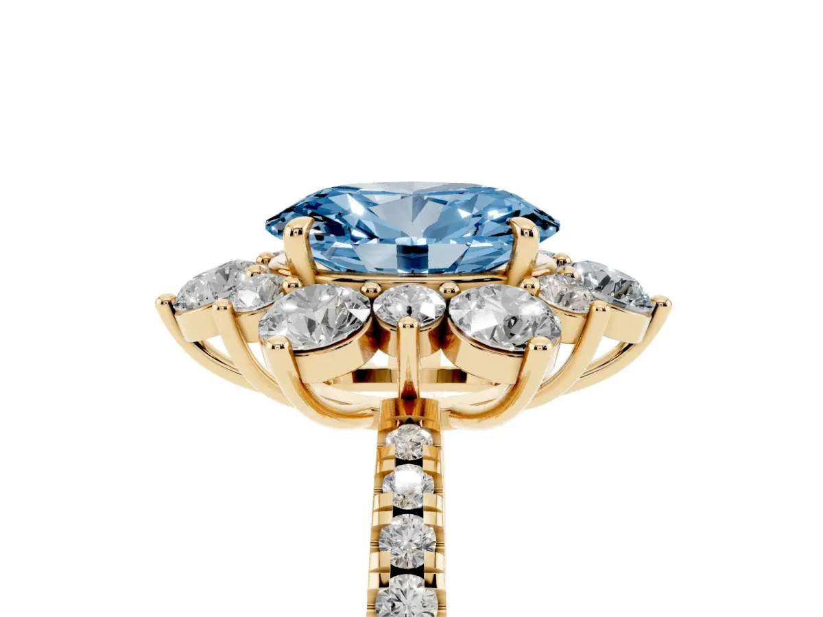 Fancy Blue Oval Cut Diamond Floral Halo Ring with Round Pavé Band and Prong Setting Yellow gold