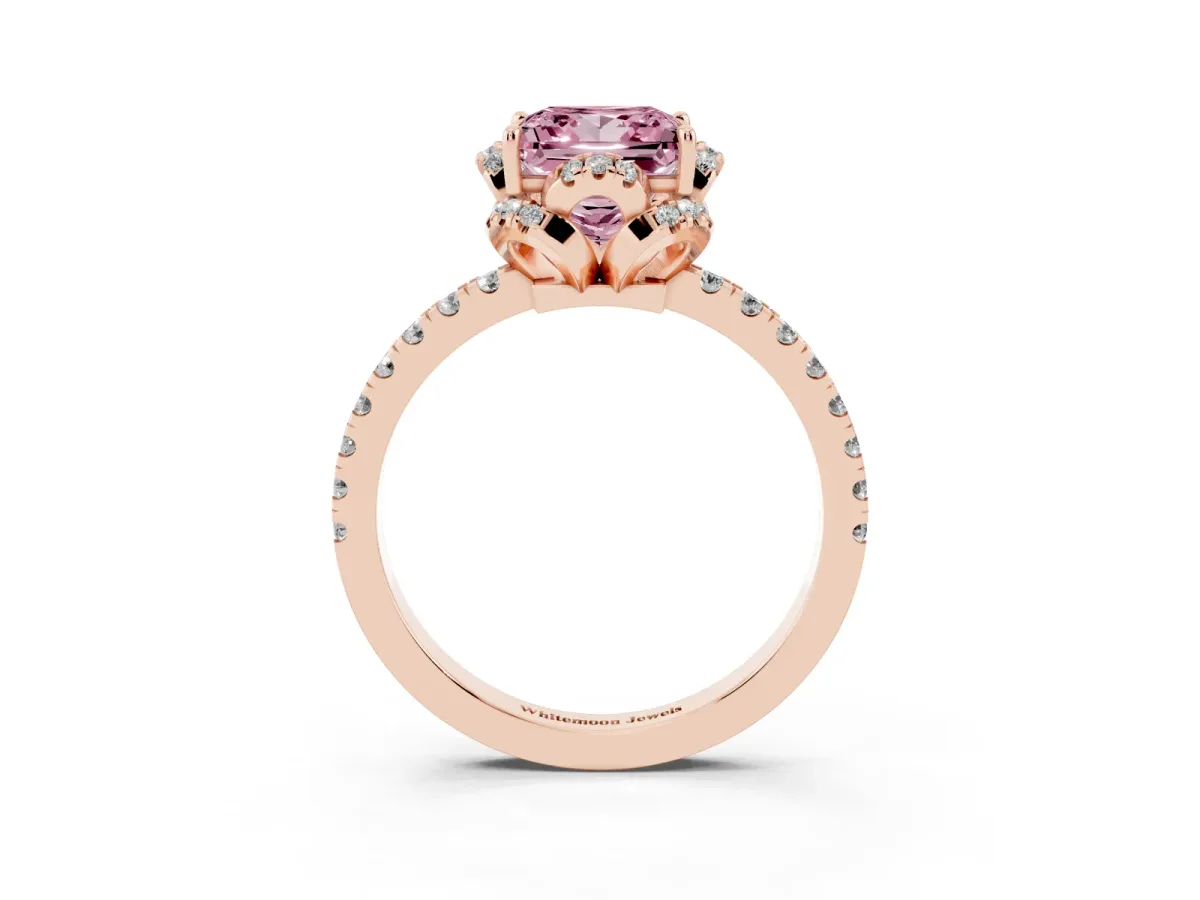 Fancy Pink Princess Cut Halo Diamond Pave Band Ring with Four-Prong Setting Rose gold