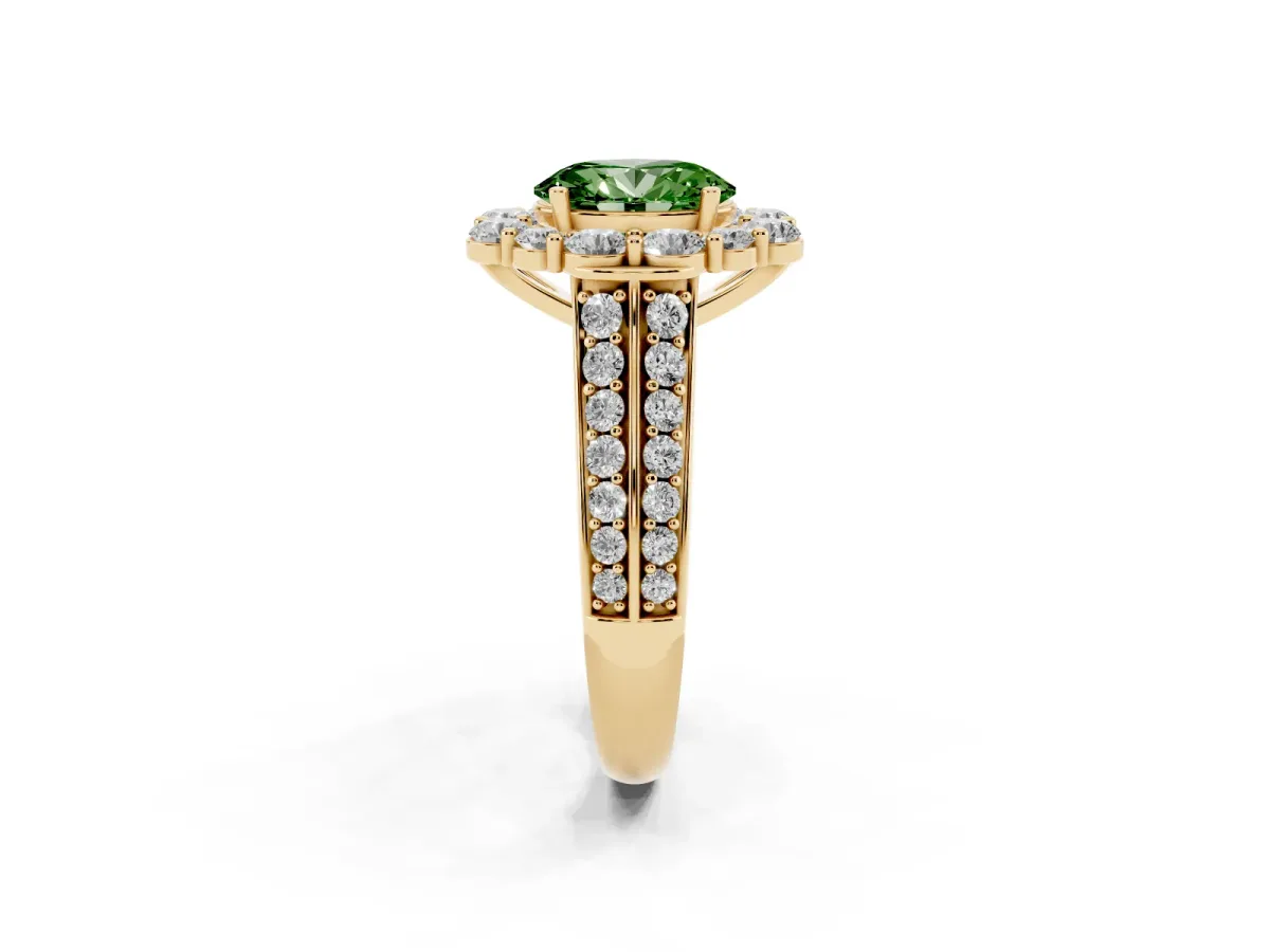 Fancy Green Oval Cut Halo Diamond Engagement Ring with Split Shank and Prong Setting Yellow gold
