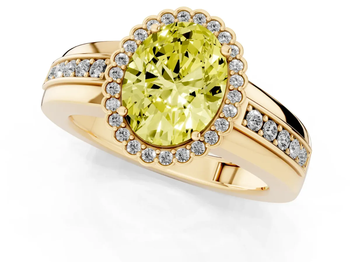 Fancy Yellow Oval Cut Cut Halo Pave Band Four-Prong Ring Yellow gold
