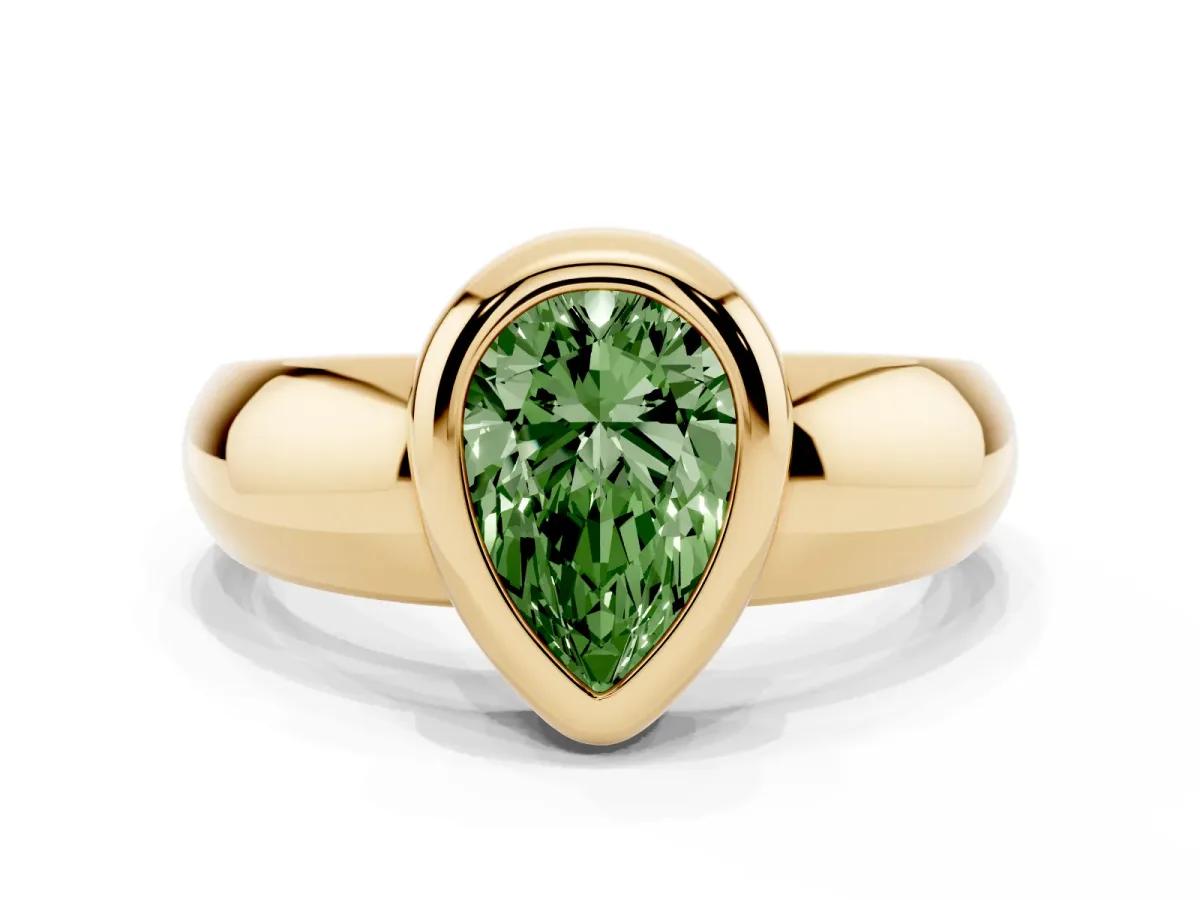 Fancy Green Bezel Set Pear Cut Solitaire Ring with Wide Band Yellow gold