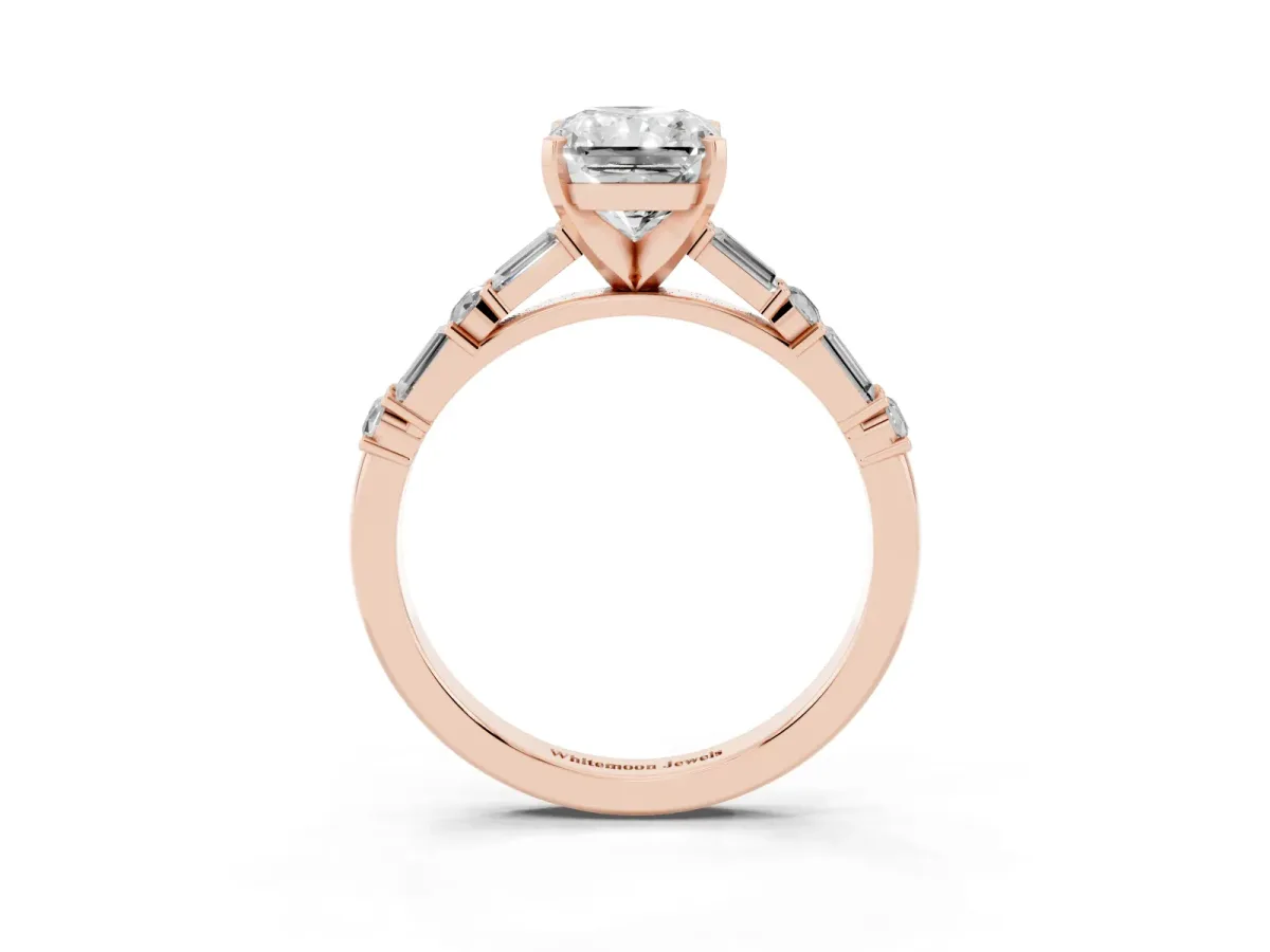 Radiant Cut Diamond Solitaire with Side Baguettes and Channel Set Band Rose gold
