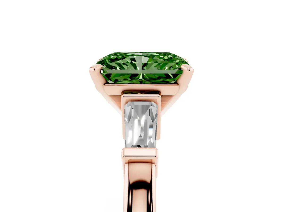Fancy Green Radiant Cut Cut Diamond Solitaire Ring with Tapered Baguette Accents and Four-Prong Setting Rose gold