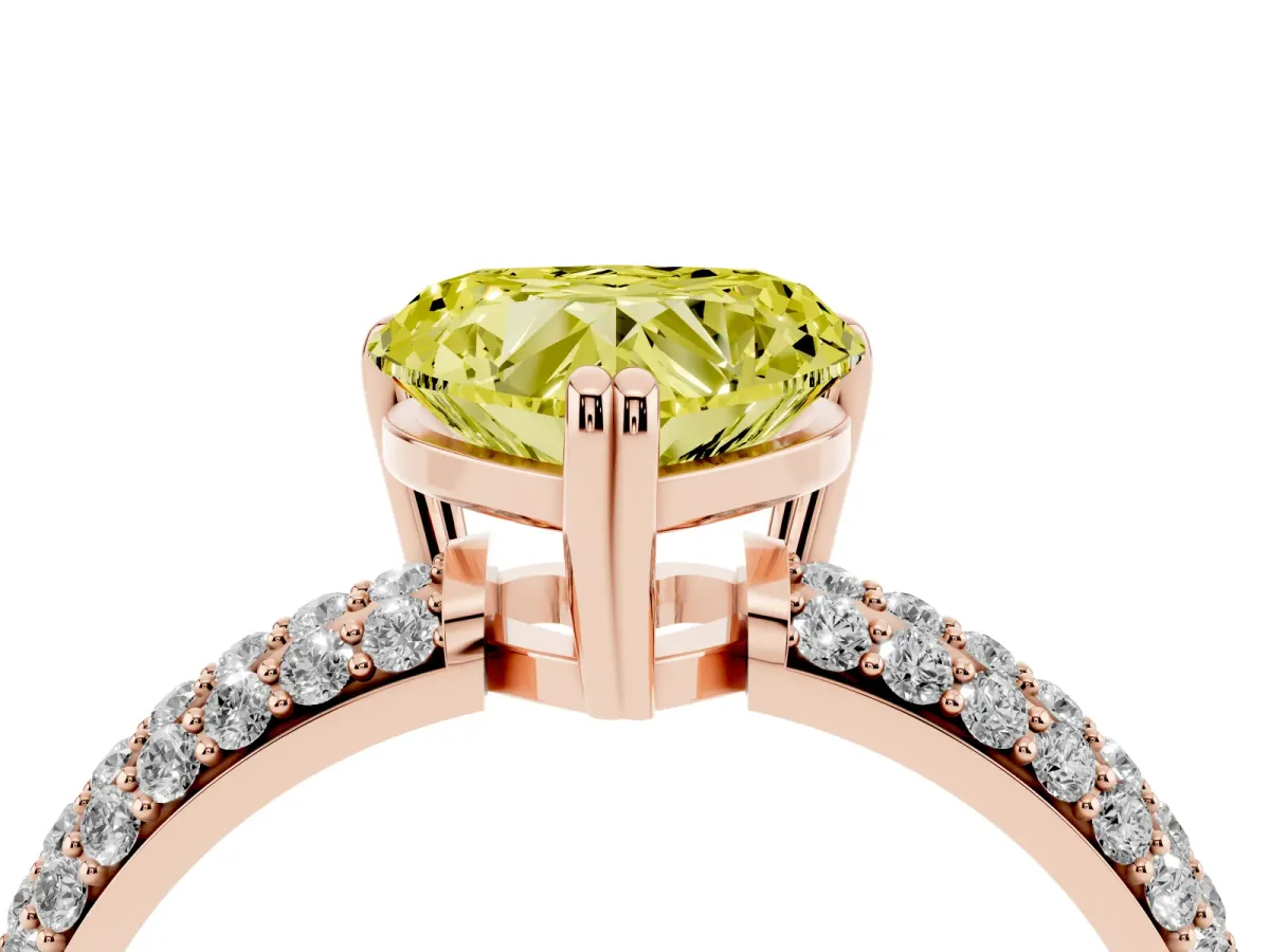 Fancy Yellow Heart Cut Diamond Solitaire Ring with Multi-Row Round Pavé Band and Prong Setting Rose gold