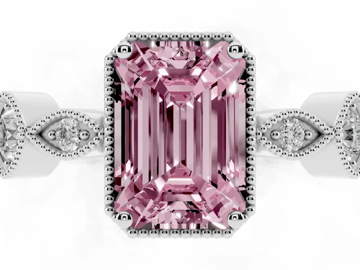 Fancy Pink Emerald Cut Diamond Vintage Milgrain Ring with Round Stations Silver