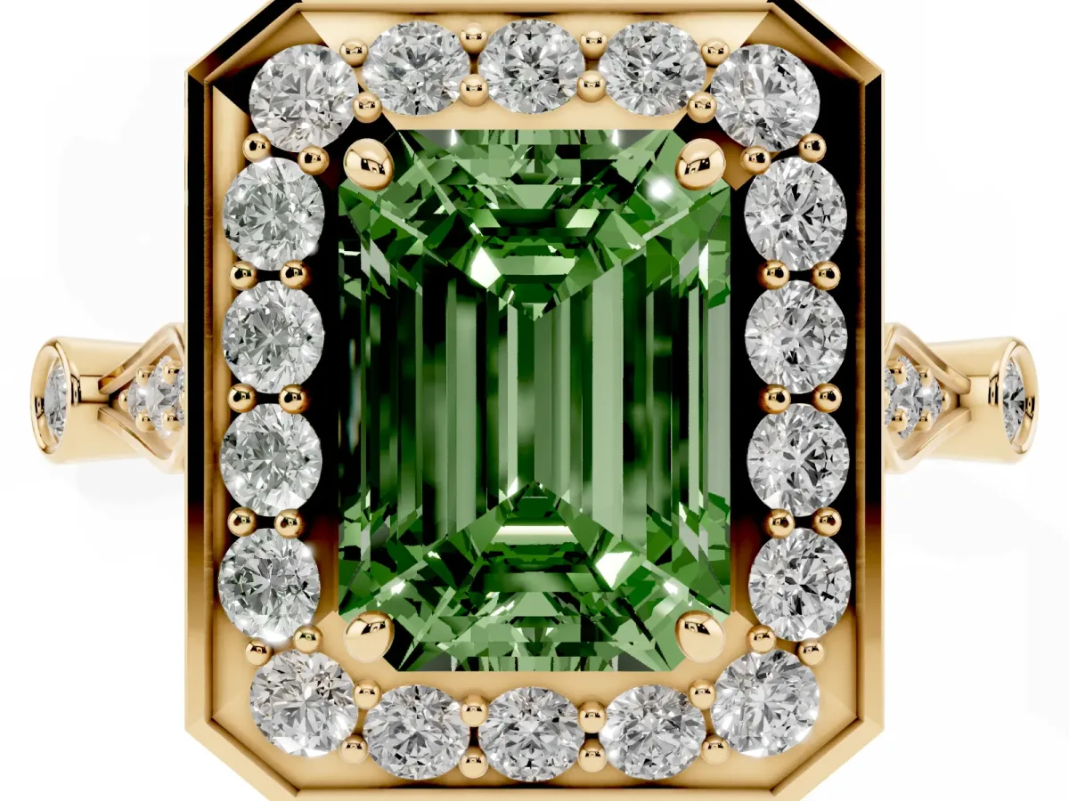 Fancy Green Emerald Cut Halo Diamond Engagement Ring with Twisted Band and Four-Prong Setting Yellow gold