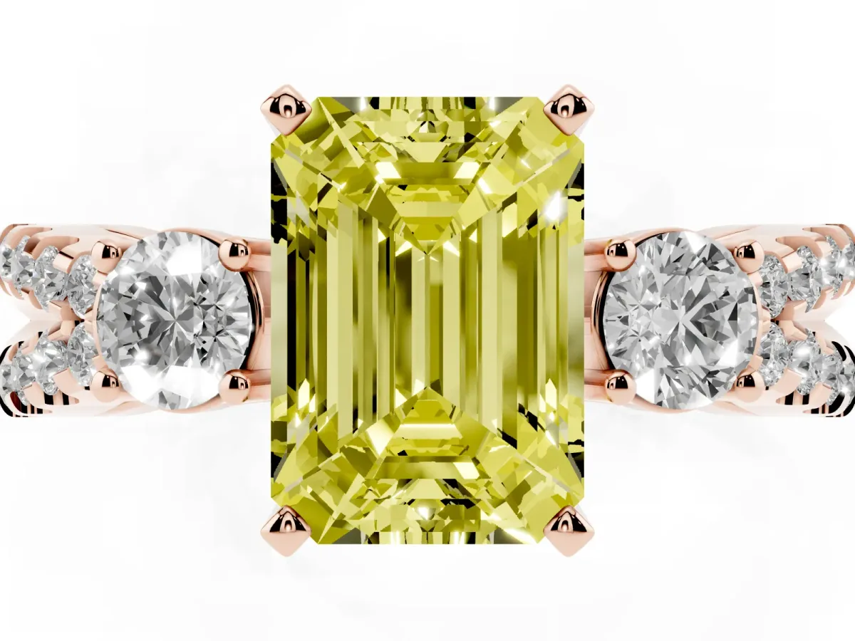 Fancy Yellow Emerald Cut Diamond Three-Stone Ring with Pavé Split Shank and Four-Prong Setting Rose gold