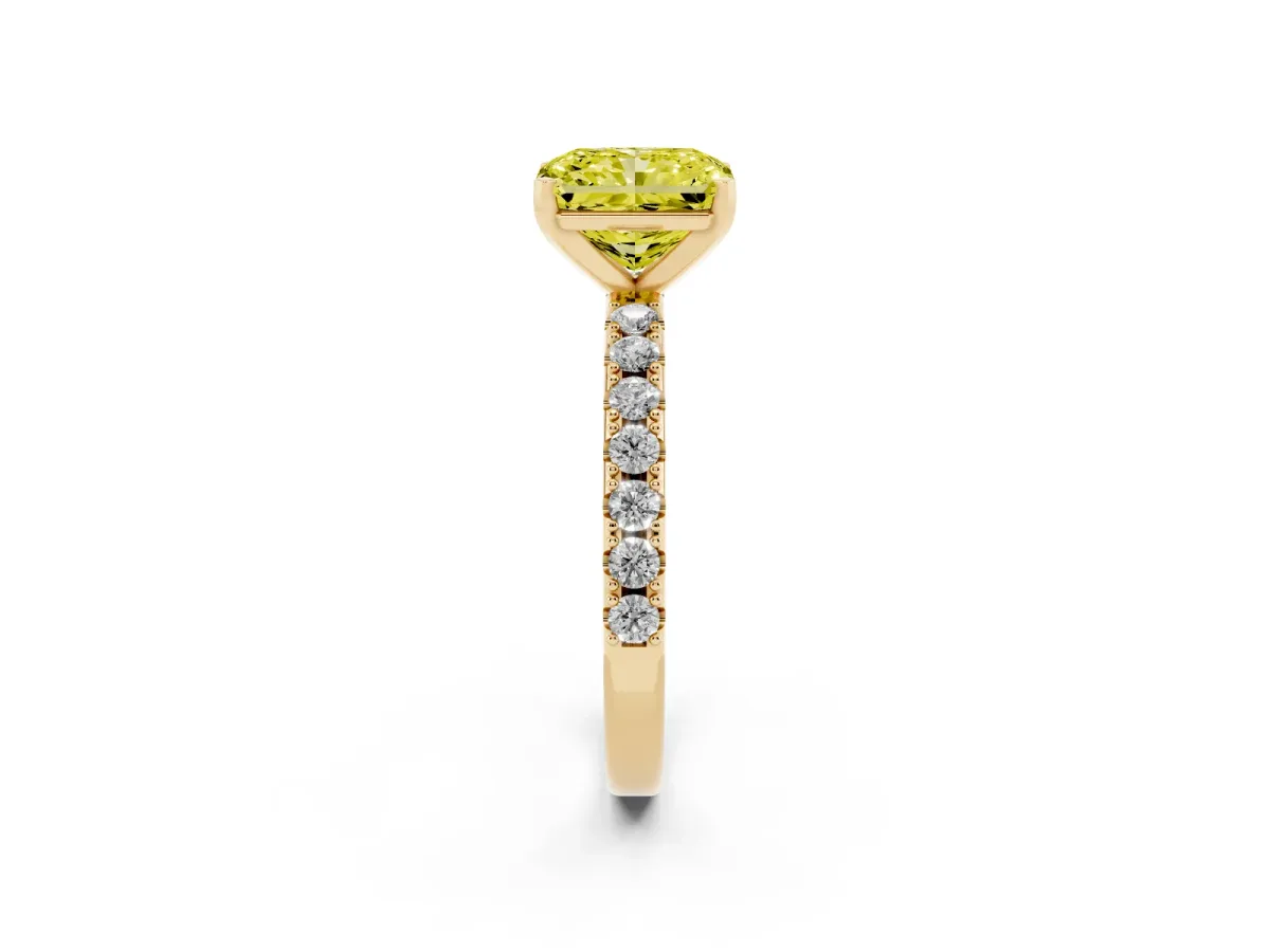 Fancy Yellow Radiant Cut Diamond Solitaire Pavé Band with Four-Prong Setting Yellow gold