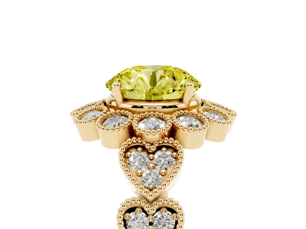 Fancy Yellow Round Cut Brilliant Milgrain Pave Heart Band Solitaire Ring Yellow gold
