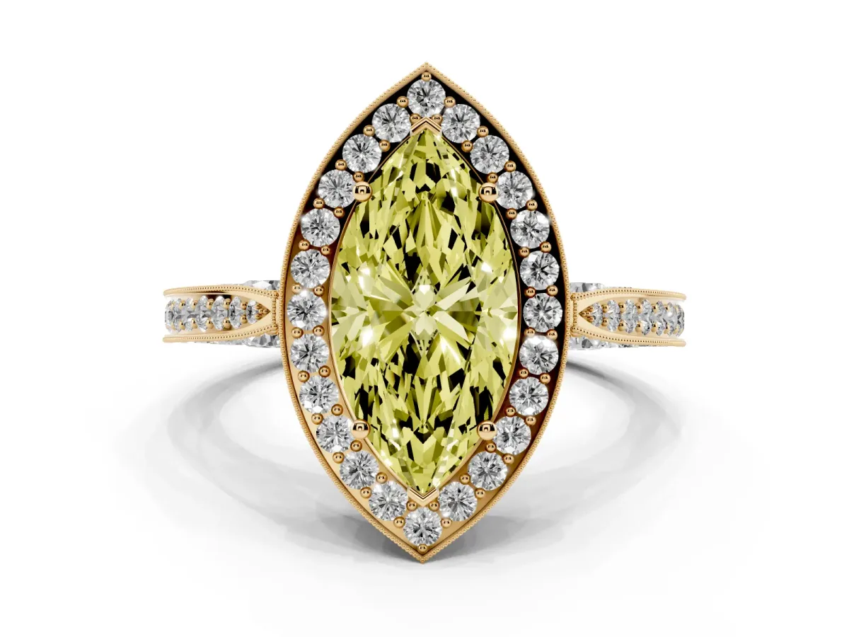 Fancy Yellow Marquise Cut Halo Diamond Engagement Ring with Split Shank Band and Four-Prong Setting Yellow gold