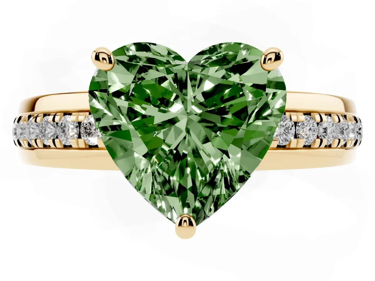 Fancy Green Heart Cut Solitaire Diamond Ring with Channel Set Band and Six-Prong Setting Yellow gold