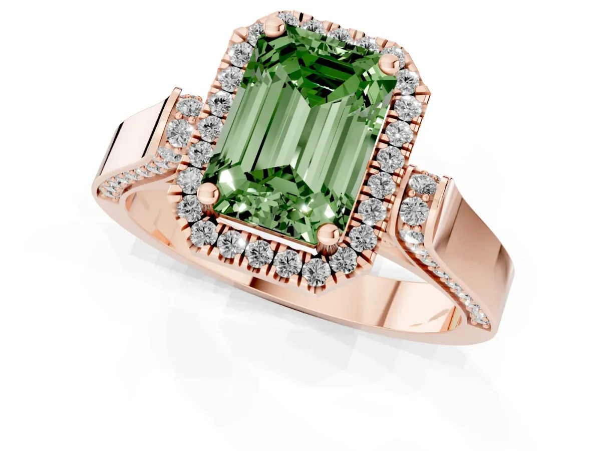 Fancy Green Emerald Cut Halo Pave Split Shank Prong Setting Ring Rose gold