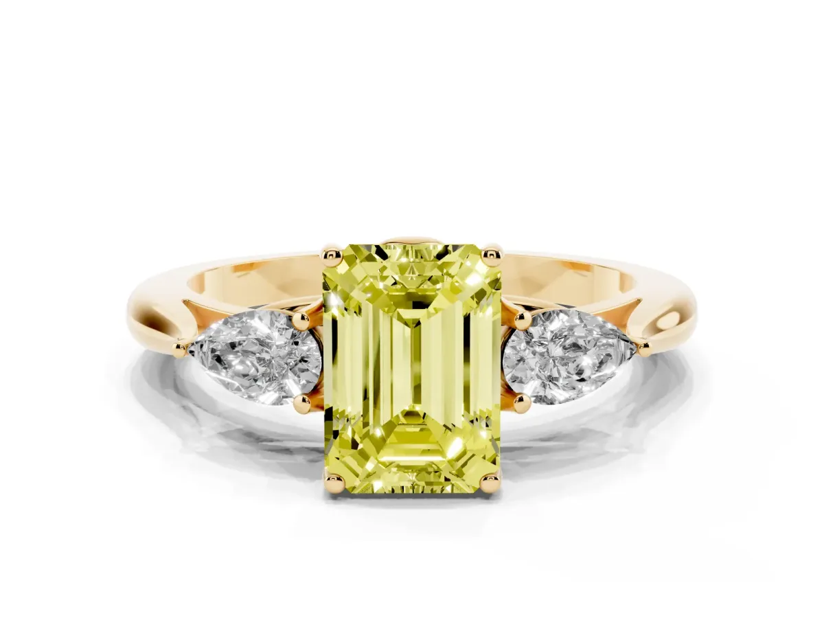 Fancy Yellow Three-Stone Emerald Cut Brilliant Diamond Solitaire Ring with Tapered Band and Four-Prong Setting Yellow gold