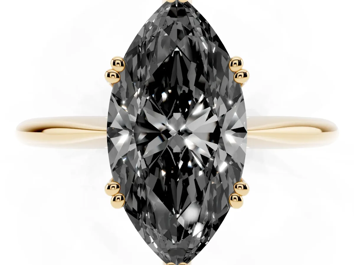 Fancy Black Marquise Cut Solitaire Diamond Ring with Six-Prong Setting and Classic Band Yellow gold