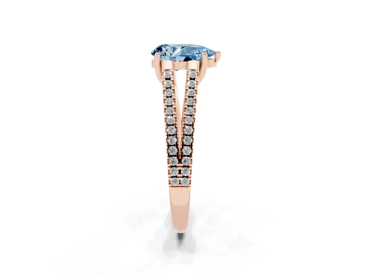 Fancy Blue Pear Cut Diamond Solitaire Engagement Ring with Split Shank Pavé Band Rose gold
