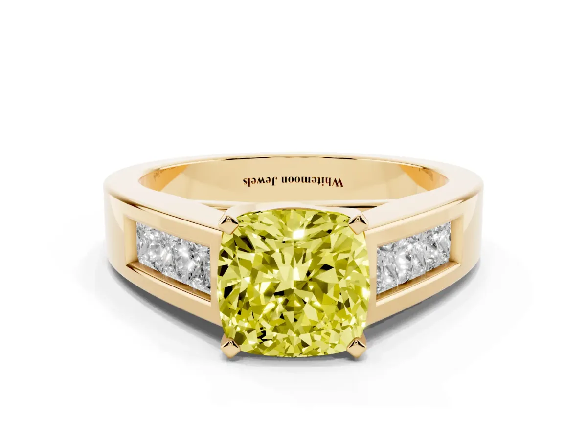 Fancy Yellow Cushion Cut Cut Channel Set Solitaire Ring with Four-Prong Setting Yellow gold