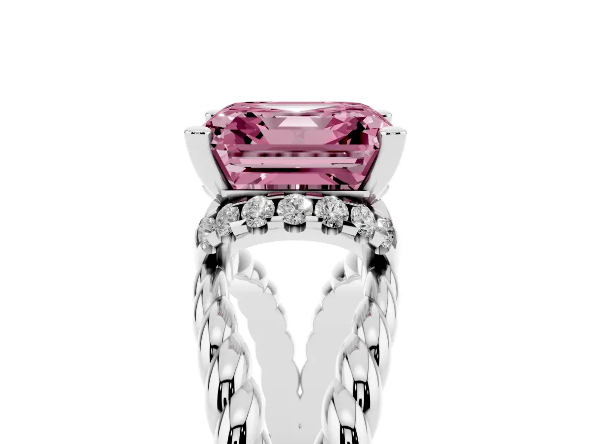 Fancy Pink Asscher Cut Halo Twisted Band Four-Prong Ring Silver