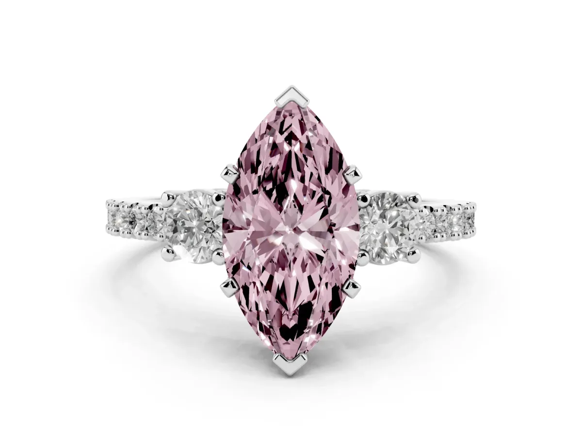 Fancy Pink Marquise Cut Three-Stone Diamond Pavé Band with Prong Setting Silver