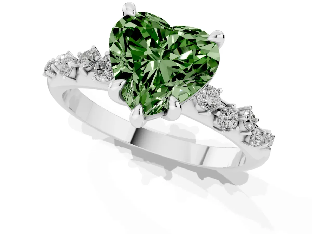 Fancy Green Heart Cut Cut Diamond Vine Band with Four-Prong Setting Silver