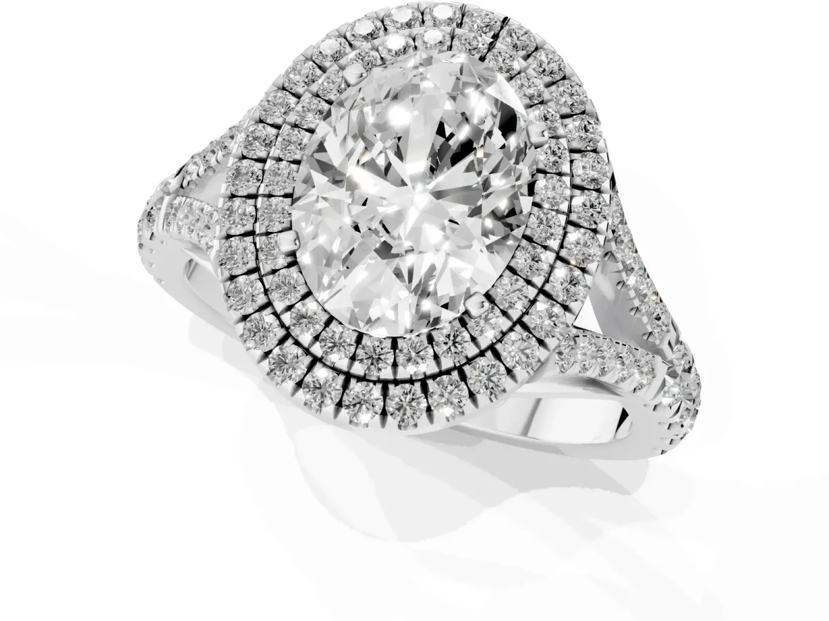 Oval Cut Cut Double Halo Split Shank Diamond Ring with Prong Setting Silver
