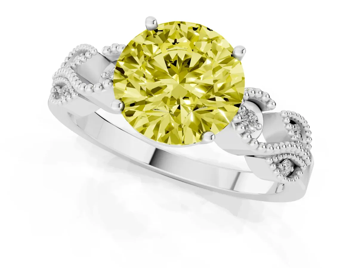 Fancy Yellow Round Cut Solitaire Milgrain Leaf Band with Prong Setting White gold
