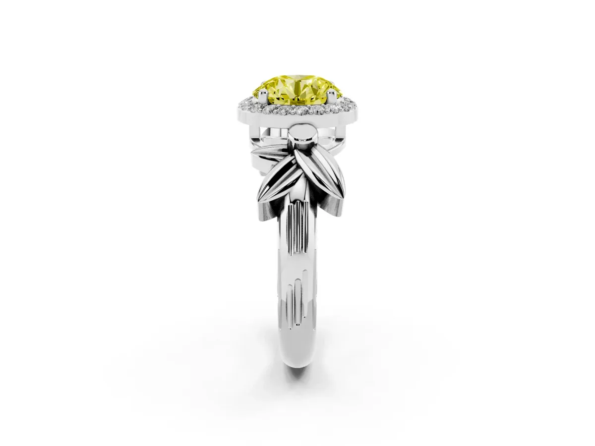 Fancy Yellow Round Cut Halo Diamond Floral Band with Four-Prong Setting White gold