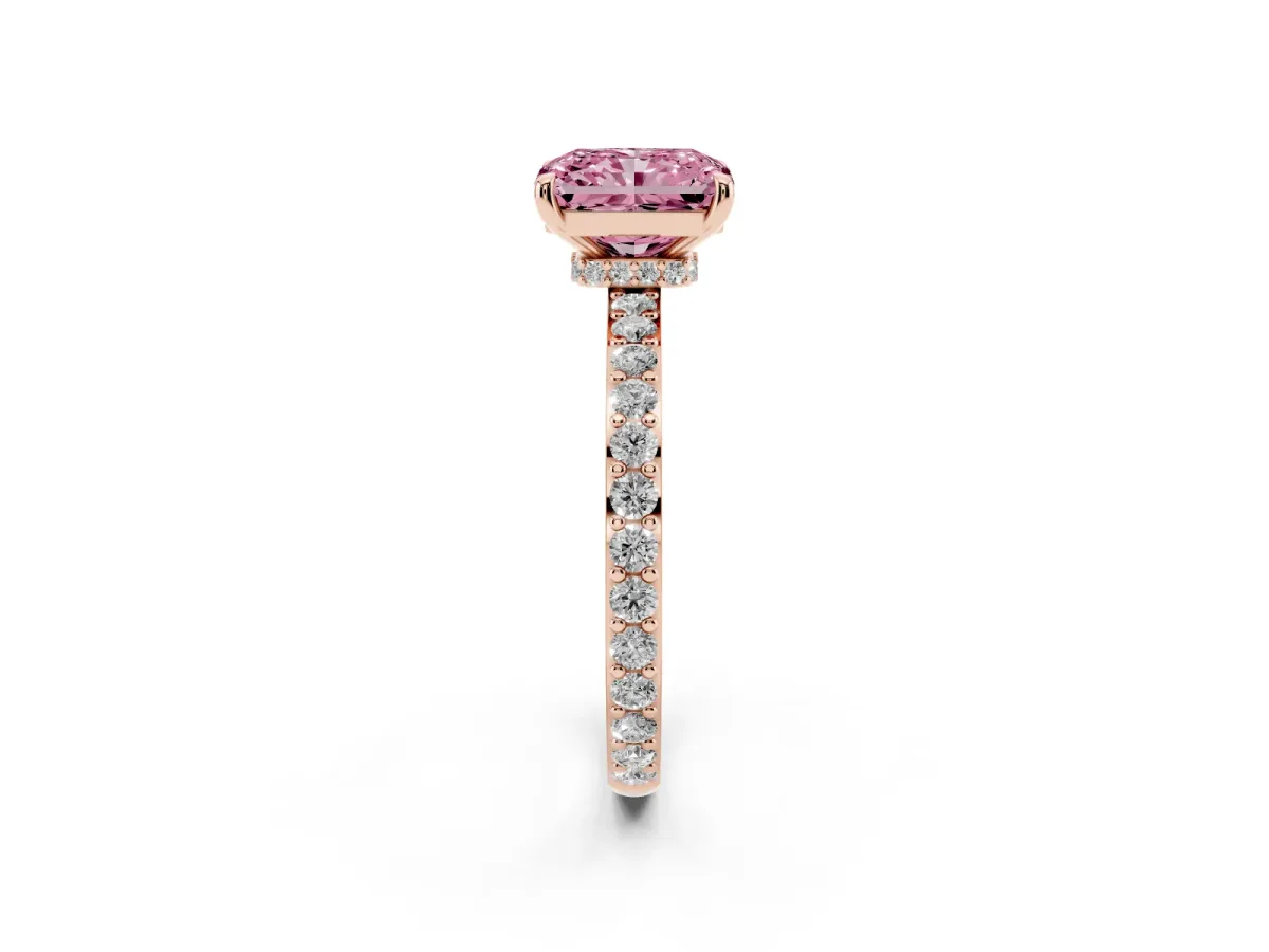 Fancy Pink Radiant Cut Diamond Pavé Engagement Ring with Round Accents and Prong Setting Rose gold