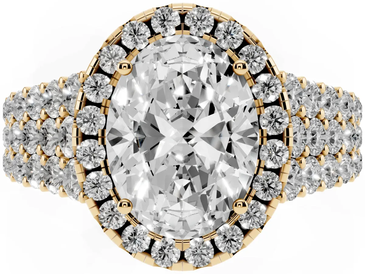 Oval Cut Diamond Halo Engagement Ring with Triple Row Round Pavé Band and Prong Setting Yellow gold