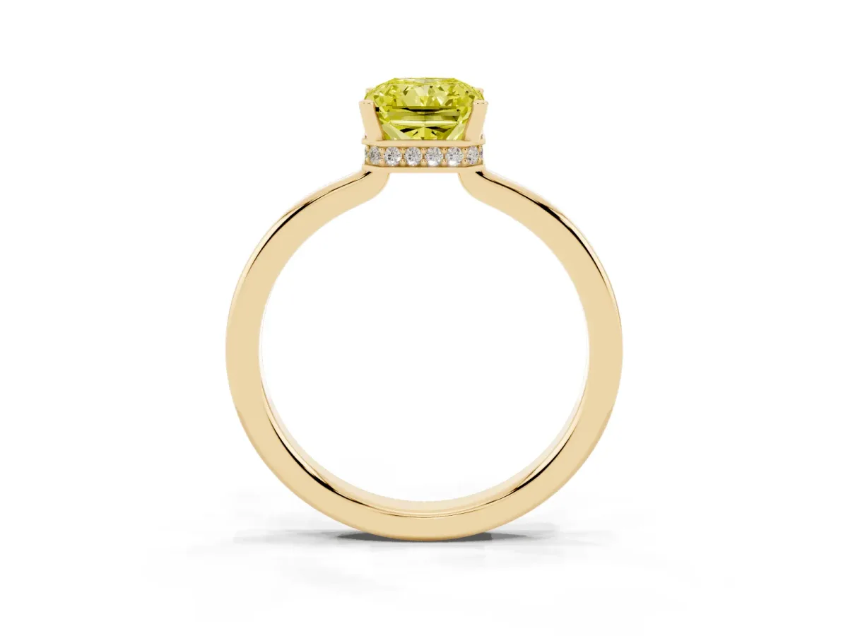 Fancy Yellow Radiant Cut Cut Solitaire Engagement Ring with Four-Prong Setting on a Classic Band Yellow gold