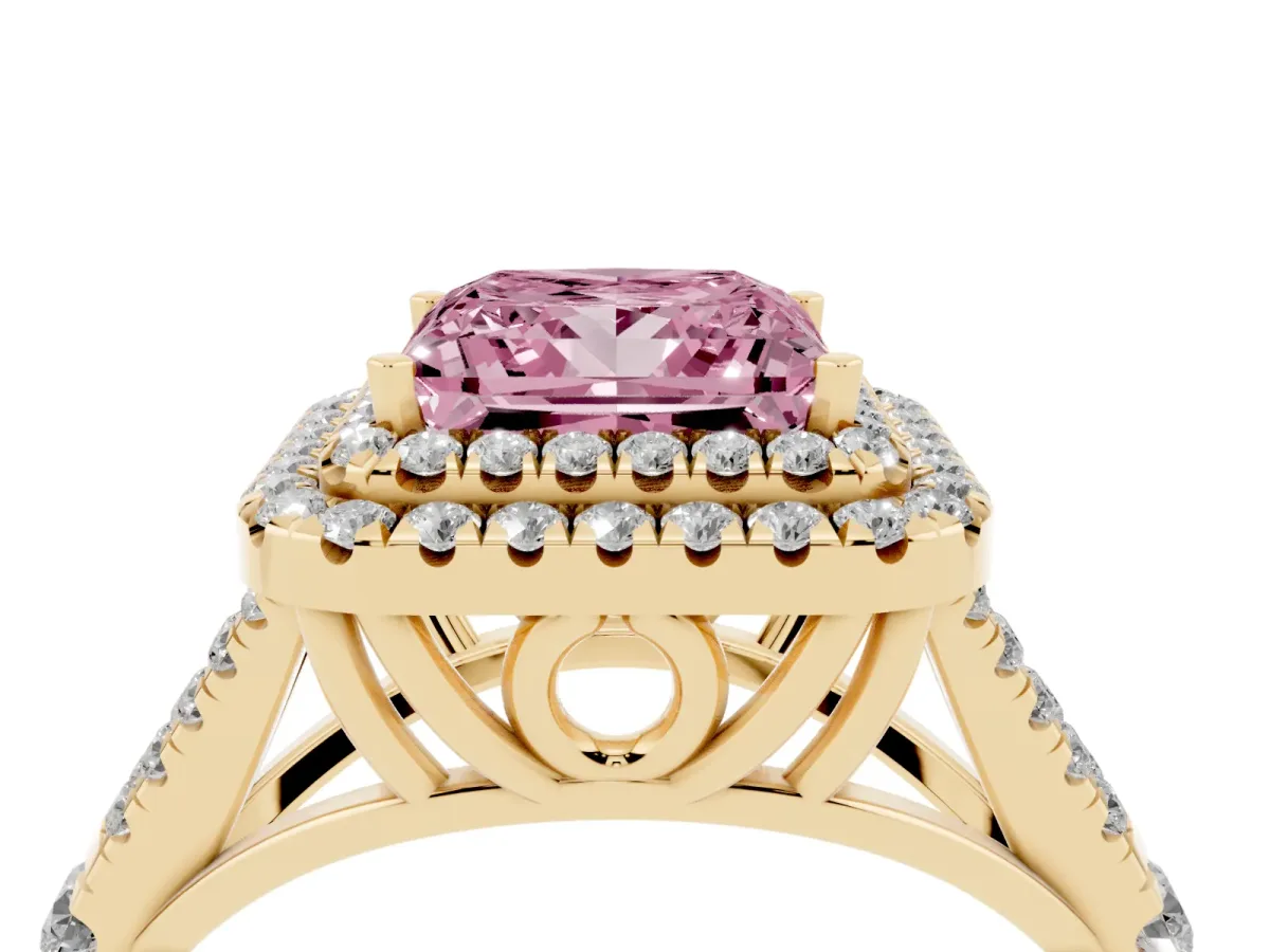 Fancy Pink Princess Cut Diamond Double Halo Ring with Split Shank and Prong Setting Yellow gold