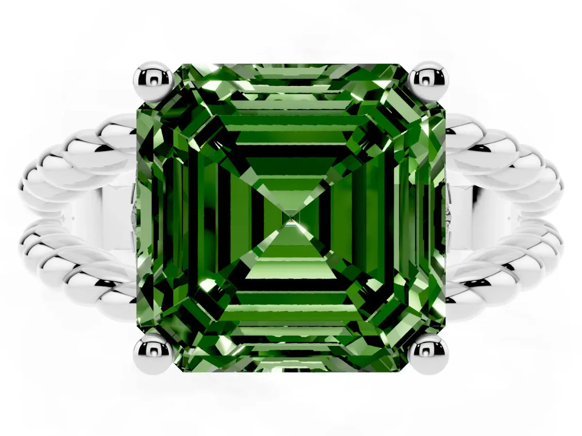 Fancy Green Asscher Cut Halo Twisted Band Four-Prong Ring Silver