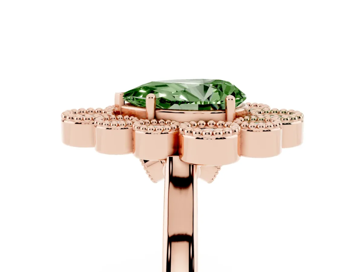 Fancy Green Pear Cut Halo Diamond Cluster Engagement Ring with Milgrain Bezel Setting and Solitaire Band Rose gold