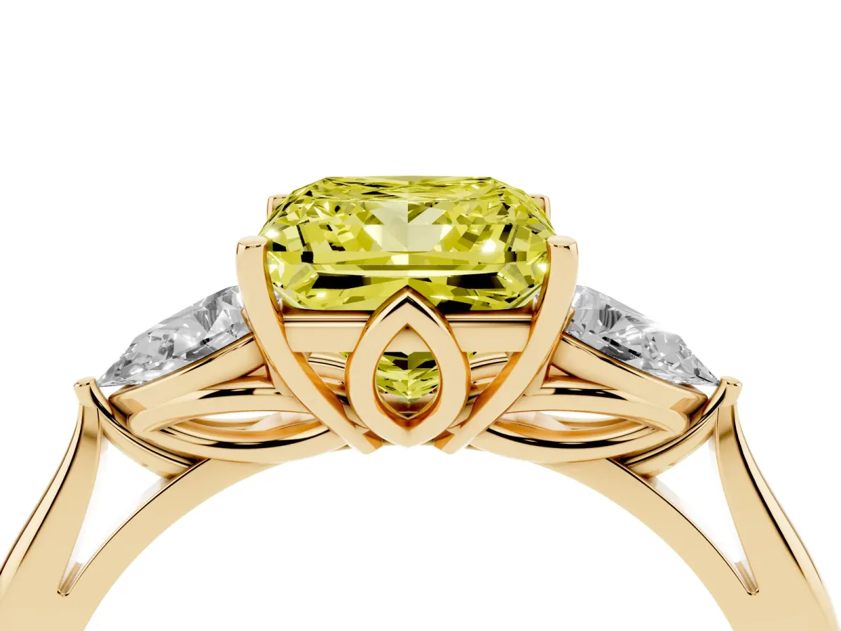 Fancy Yellow Princess Cut Diamond Three-Stone Ring with Pear Side Stones and Prong Setting Yellow gold
